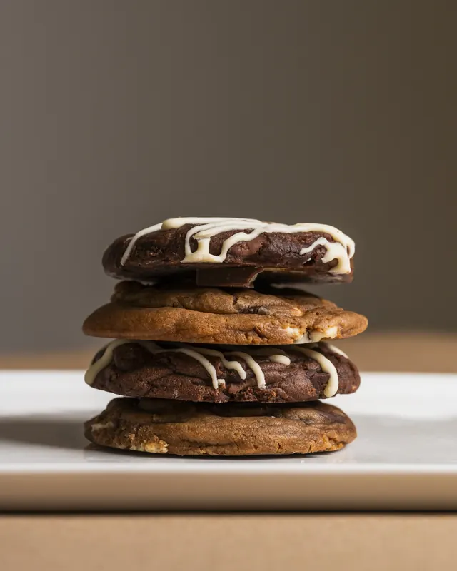 A stack of chocolate cookies drizzled with white chocolate